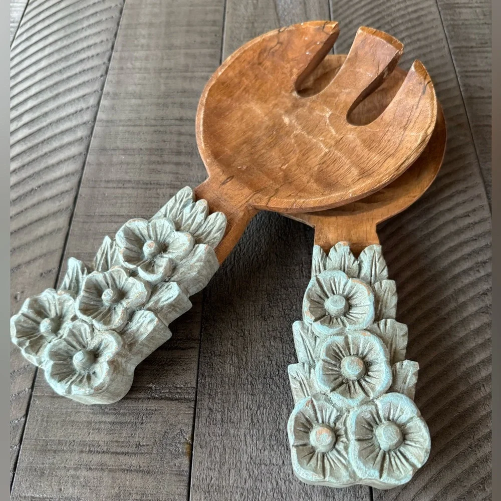 Valley of Flowers Handcrafted Wooden Fork & Spoon Salad Servers